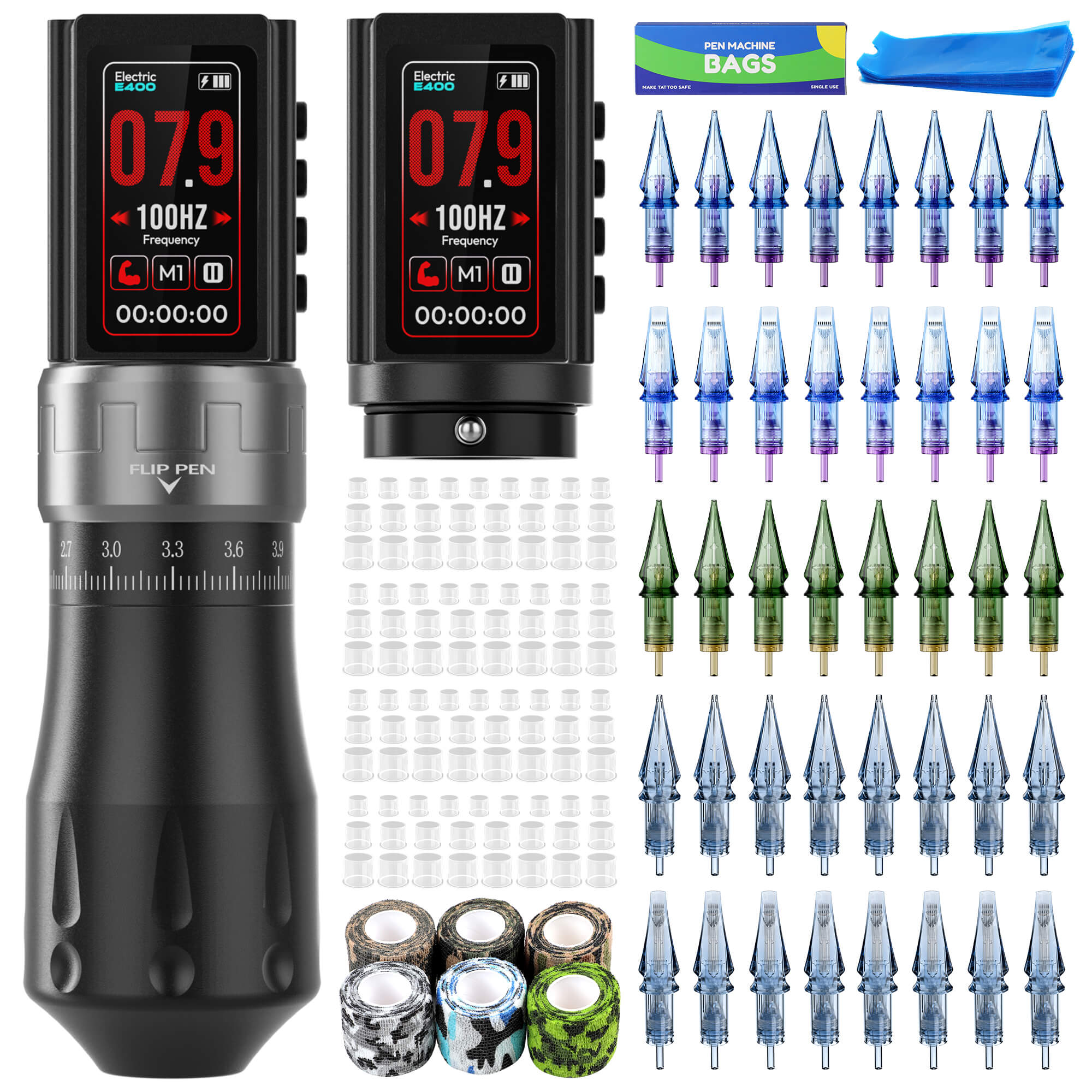 CNC Tattoo Machine Kit E400 7 Stroke Adjustable Wireless Tattoo Machine with 2*1800mAh Batteries & 40PCS Cartridges