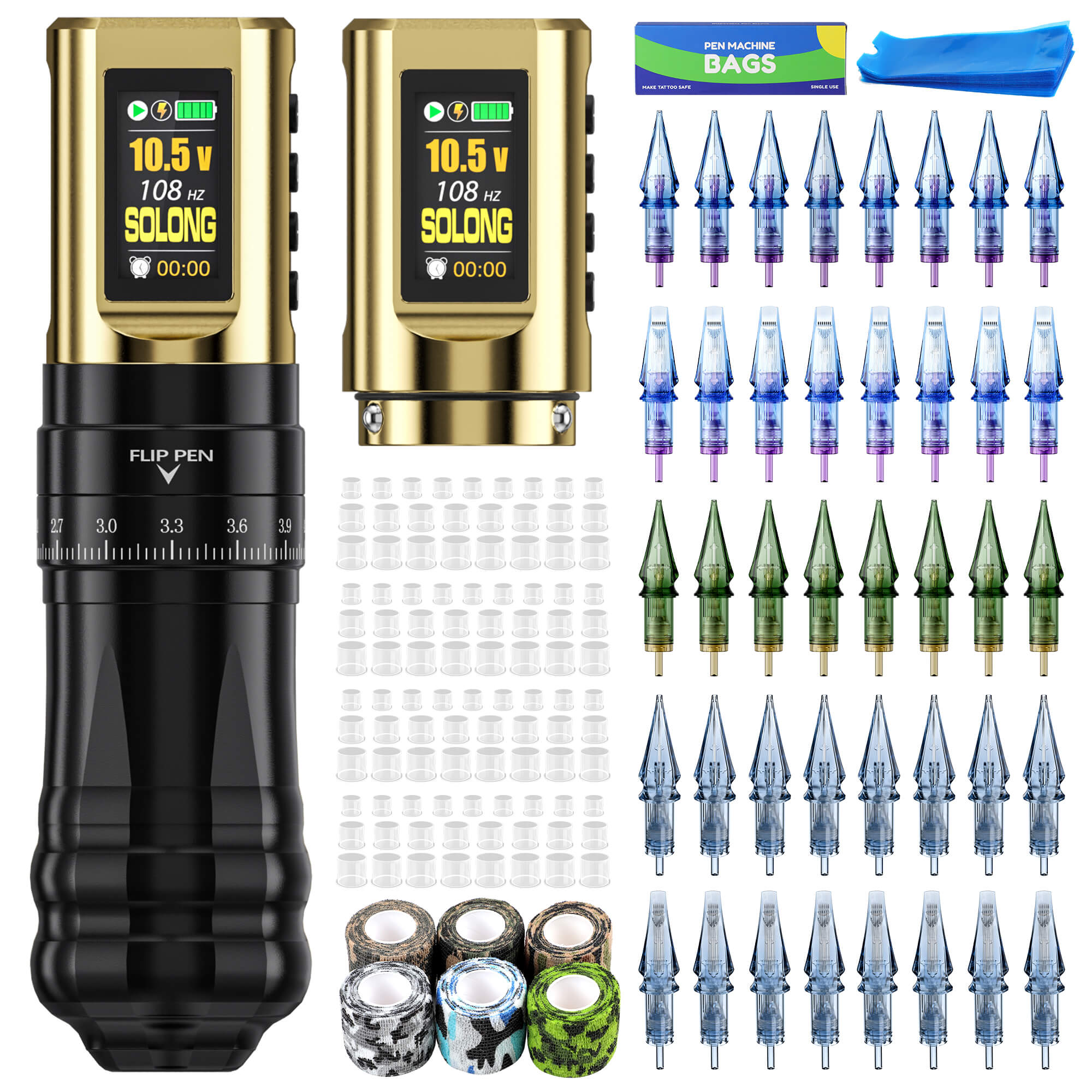 SOLONG Tattoo Machine Kit E96 7 Stroke Adjustable Wireless Tattoo Machine with 2 Batteries & 40PCS Cartridges