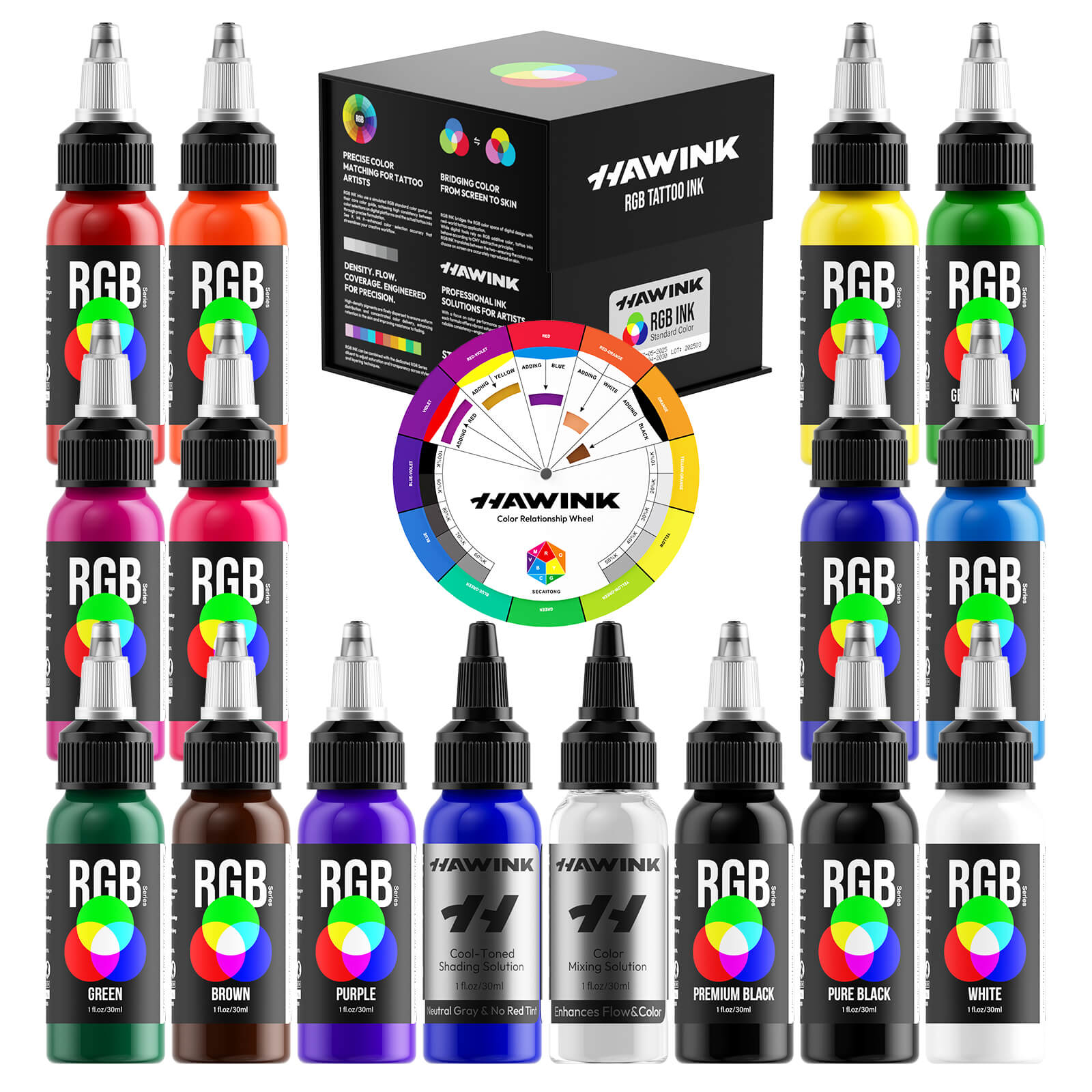 HAWINK TI205 16-Color Tattoo Ink Set – 14 Vibrant Colors + 2 Mixing Solutions with Color Wheel Guide for Professional Tattoo Artists