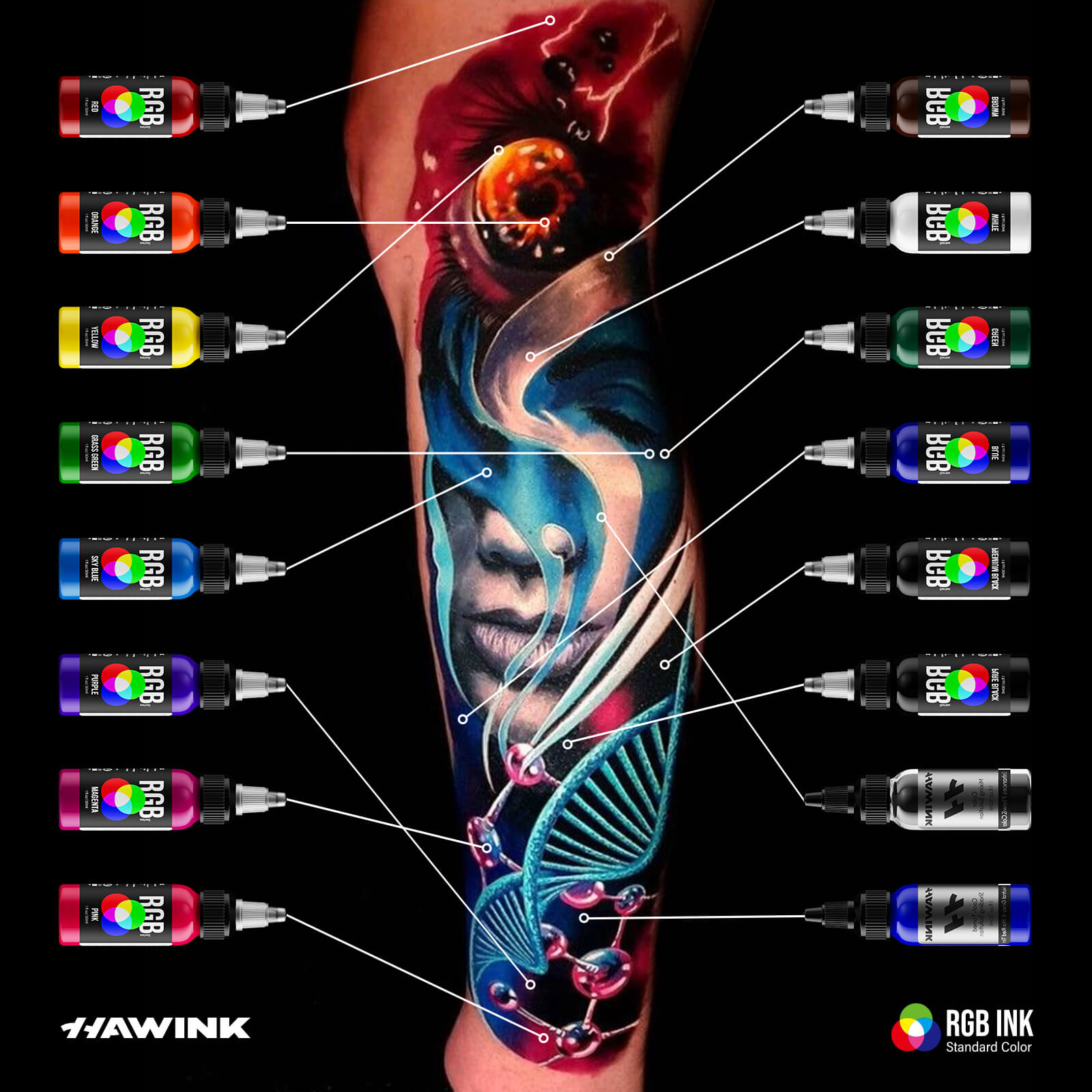 HAWINK TI205 16-Color Tattoo Ink Set – 14 Vibrant Colors + 2 Mixing Solutions with Color Wheel Guide for Professional Tattoo Artists