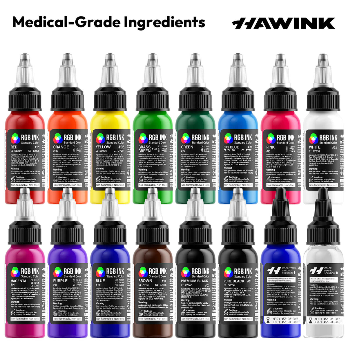 HAWINK TI205 16-Color Tattoo Ink Set – 14 Vibrant Colors + 2 Mixing Solutions with Color Wheel Guide for Professional Tattoo Artists
