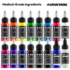 HAWINK TI205 16-Color Tattoo Ink Set – 14 Vibrant Colors + 2 Mixing Solutions with Color Wheel Guide for Professional Tattoo Artists