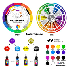 HAWINK TI205 16-Color Tattoo Ink Set – 14 Vibrant Colors + 2 Mixing Solutions with Color Wheel Guide for Professional Tattoo Artists
