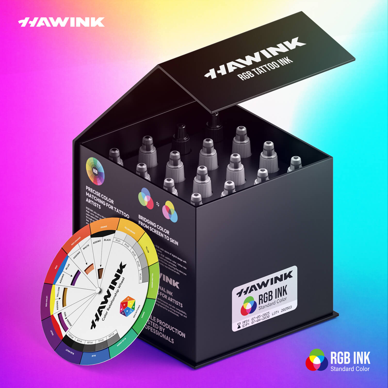 HAWINK TI205 16-Color Tattoo Ink Set – 14 Vibrant Colors + 2 Mixing Solutions with Color Wheel Guide for Professional Tattoo Artists