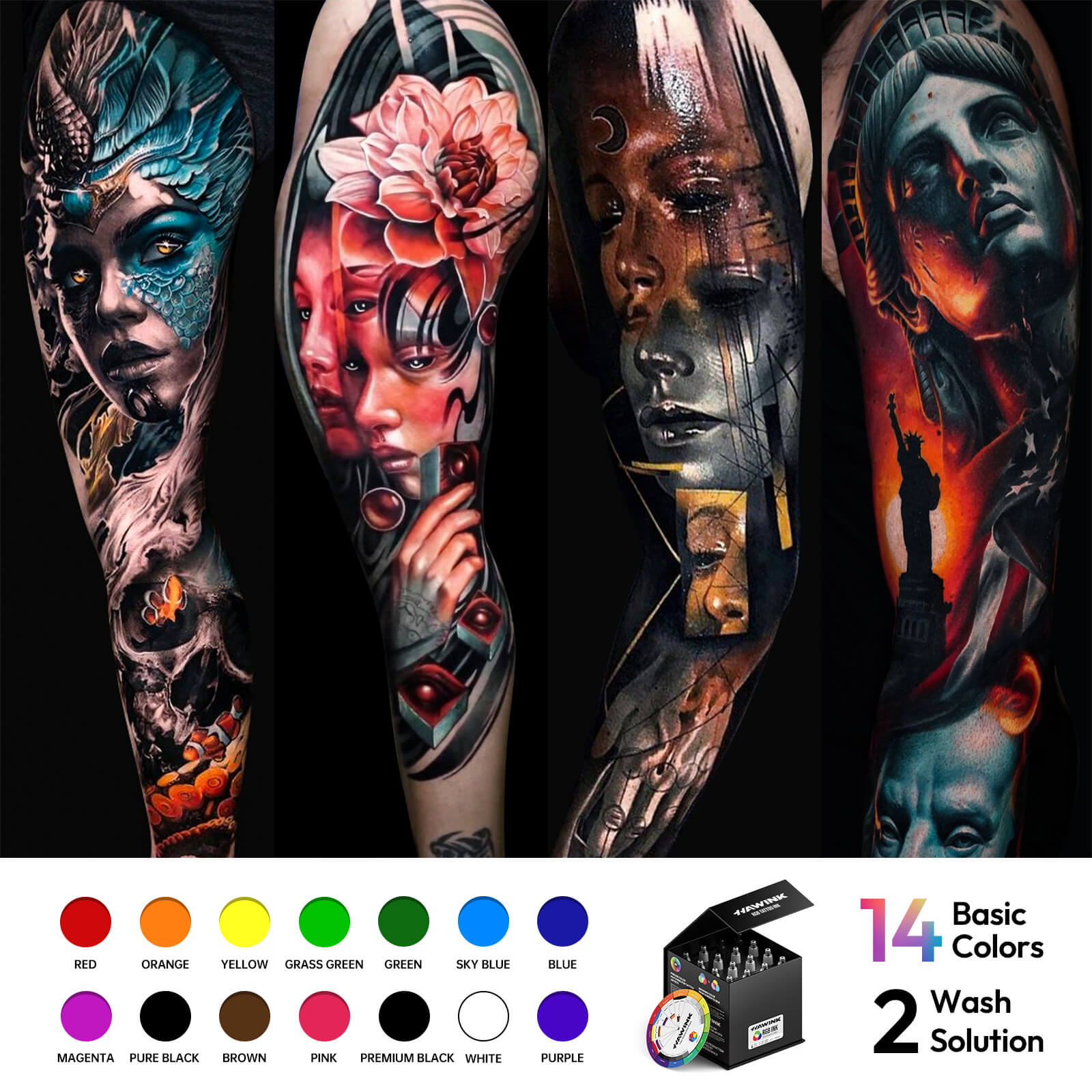 HAWINK TI205 16-Color Tattoo Ink Set – 14 Vibrant Colors + 2 Mixing Solutions with Color Wheel Guide for Professional Tattoo Artists