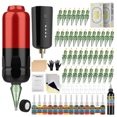 Solong SLQ53KITP803-2 Wireless Tattoo Gun Kit – 1600mAh Battery, 40Pcs Cartridge Needles, 120ml Black Ink + 14 Colors, Complete Beginner Tattoo Supply Set